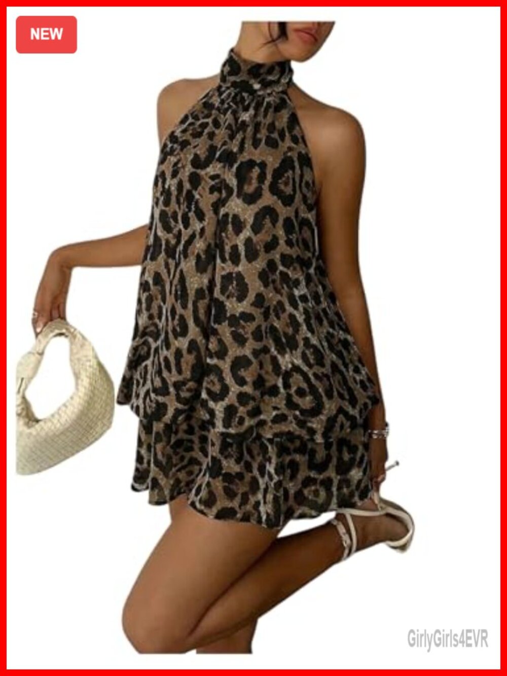 Y2K Cheetah Halter Mini Dress Chiffon Ruffle A Line Going Out Sundress